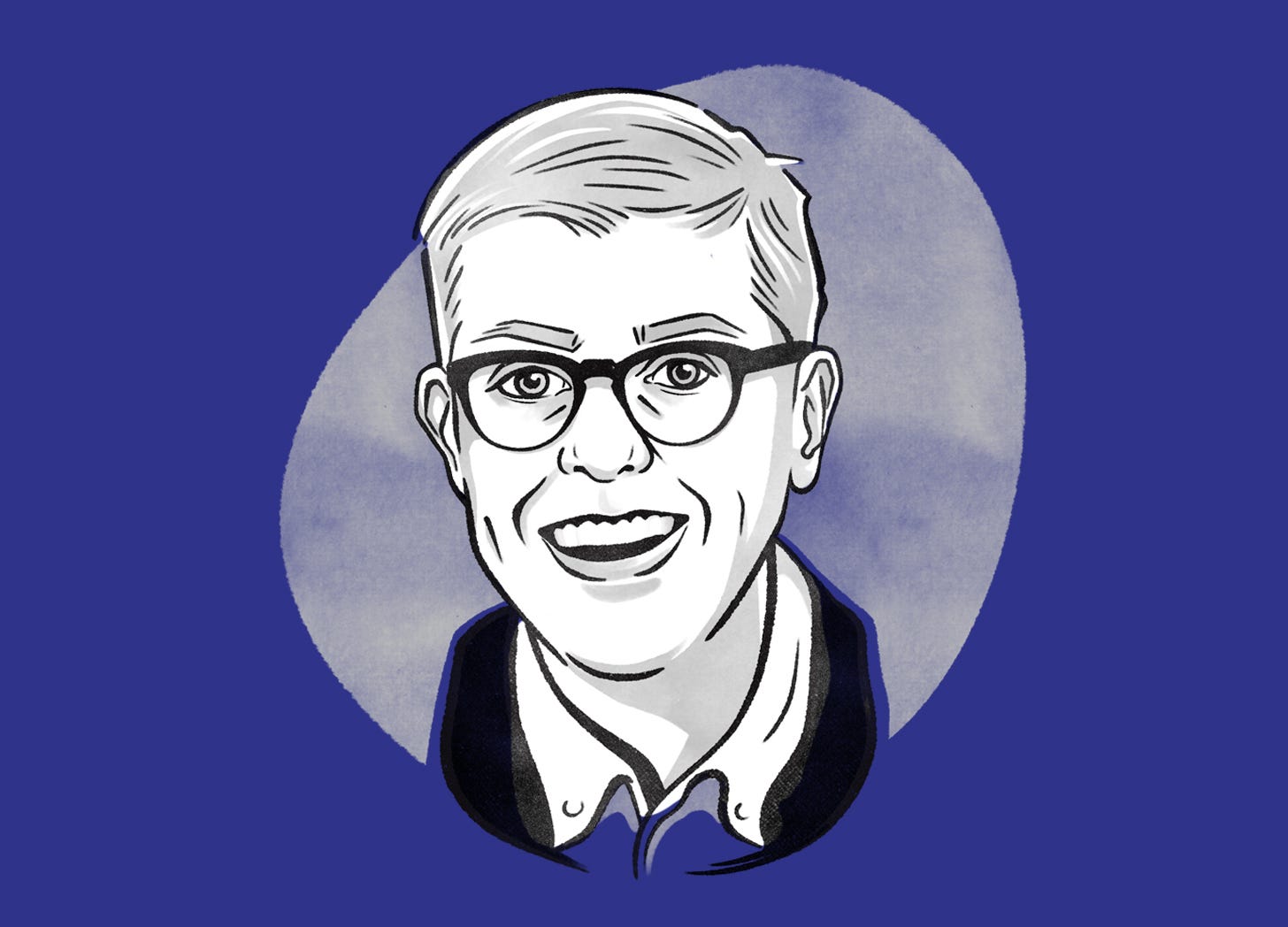 Grayscale illustration of Brian Sholis’s headshot on a dark-blue background. He has short hair, relatively thick-frame glasses, and a button-down shirt.