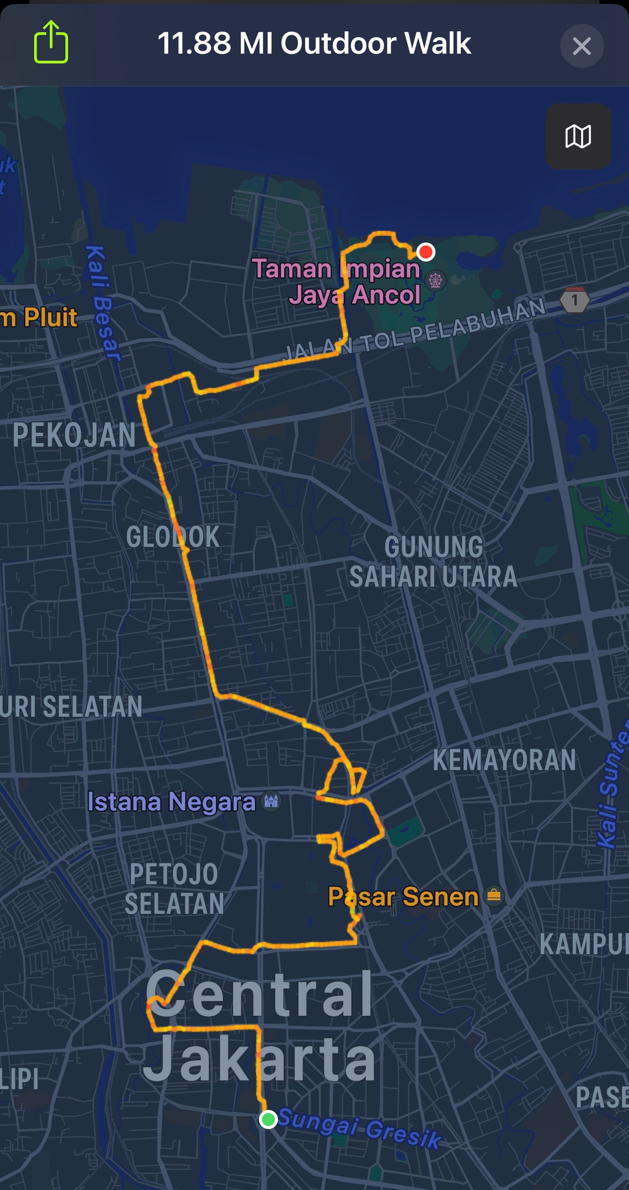 A 12-mile urban walk in Jakarta.