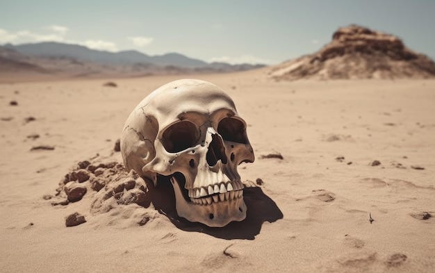 Premium Photo | A skull in the desert with mountains in the background