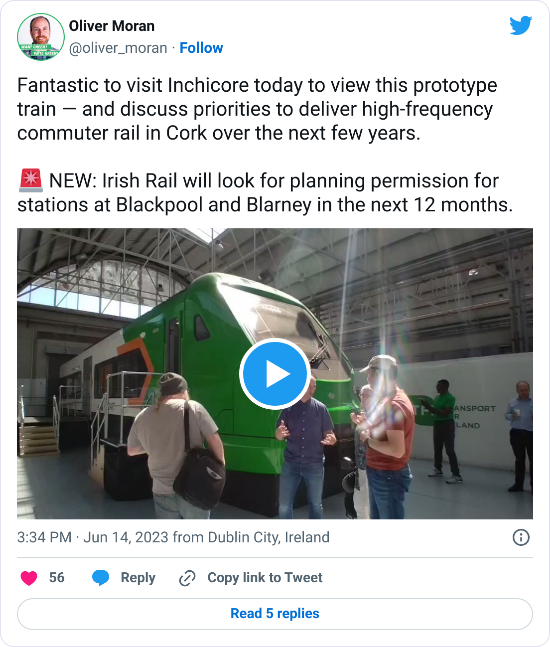 Tweet with text: "Fantastic to visit Inchicore today to view this prototype train — and discuss priorities to deliver high-frequency commuter rail in Cork over the next few years. Irish Rail will look for planning permission for stations at Blackpool and Blarney in the next 12 months."
