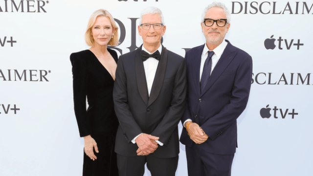 Cate Blanchett, Apple CEO Tim Cook, and Alfonso Cuarón attend the Venice International Film Festival world premiere of the Apple TV+ limited series “Disclaimer” at the Palazzo del Cinema. “Disclaimer” will premiere globally on Apple TV+ on October 11, 2024.