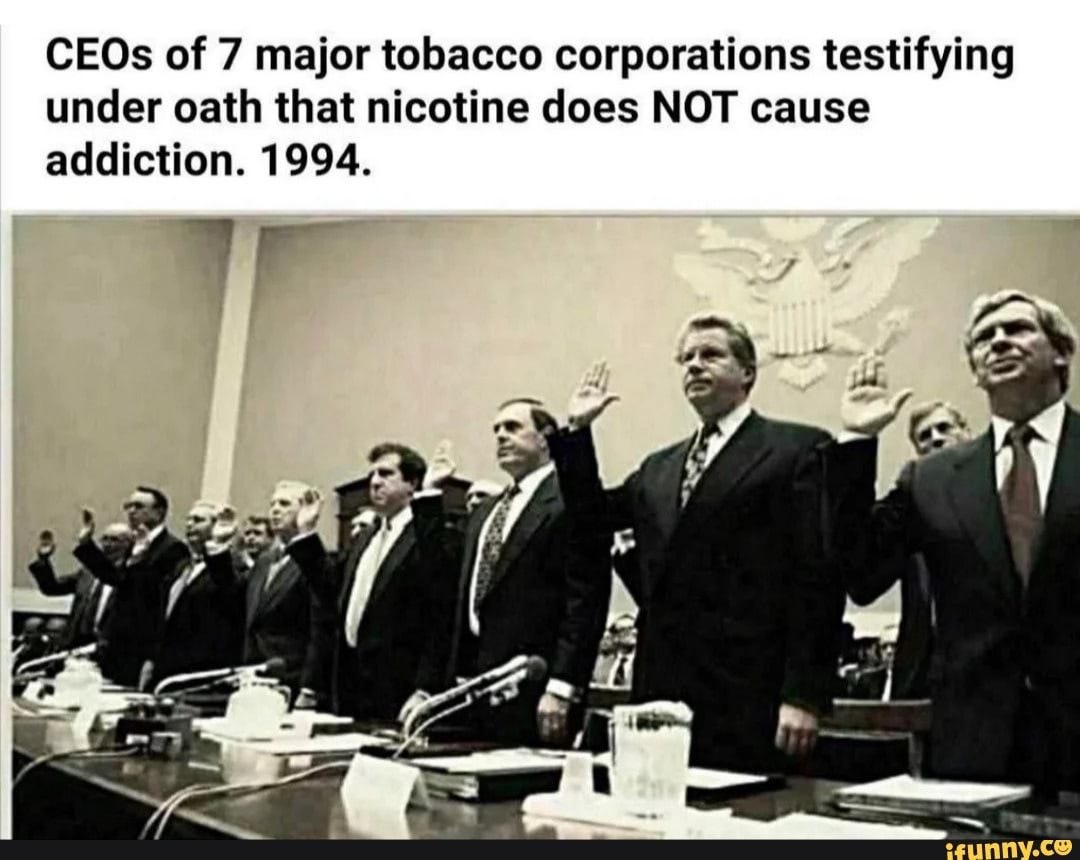 CEOs of 7 major tobacco corporations testifying under oath that ...