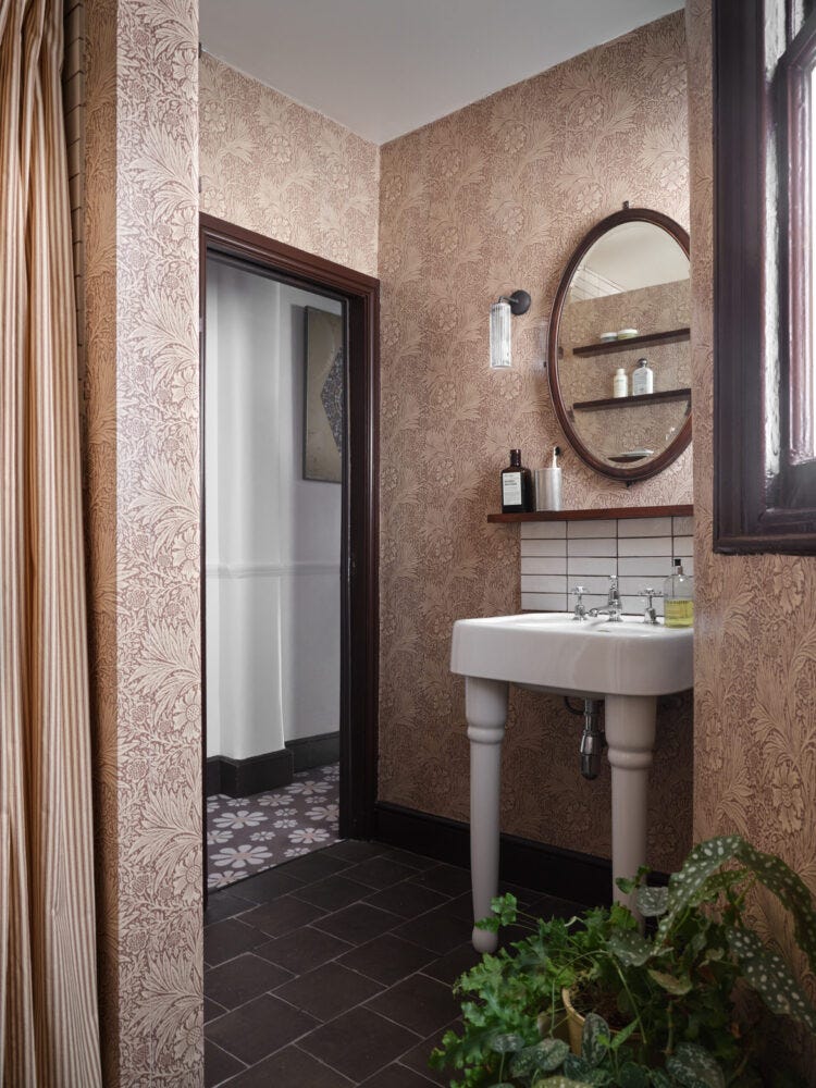 madaboutthehousebathroom with tiles from claybrook studio, sanitaryware by burlington, lights by corston and william morris wallpaper