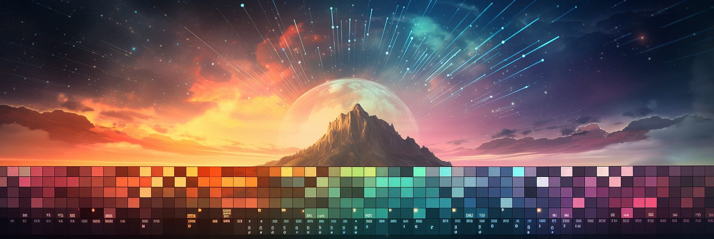 A panoramic digital artwork blending a vibrant sci-fi landscape with a conceptual calendar interface. In the upper portion, a majestic mountain peak rises against a striking backdrop of a large celestial body, with shooting stars streaking across a gradient sky transitioning from dusk to night. The lower portion presents a stylized calendar with color-coded blocks, each representing a different day, seemingly floating in the foreground. The artwork creates a futuristic vision of timekeeping, merging the natural grandeur of a fantasy world with the structured order of a digital calendar.