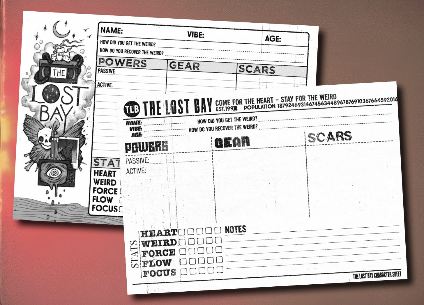 Two character sheets, one on top of the other. The bottom has a 90s style illustration of occult paraphernalia, and the one on top is more TV studio fax.