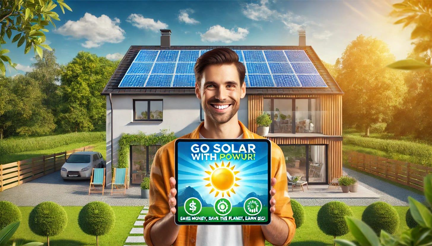 A vibrant and sunny image showcasing a modern house with solar panels on its roof, surrounded by green trees and a clear blue sky. In the foreground, a smiling person is holding a tablet showing solar energy data, symbolizing the financial and environmental benefits of solar power. Include a banner or text overlay that says 'Go Solar with Powur! Save Money, Save the Planet, Earn Big!' with a professional and inviting design.