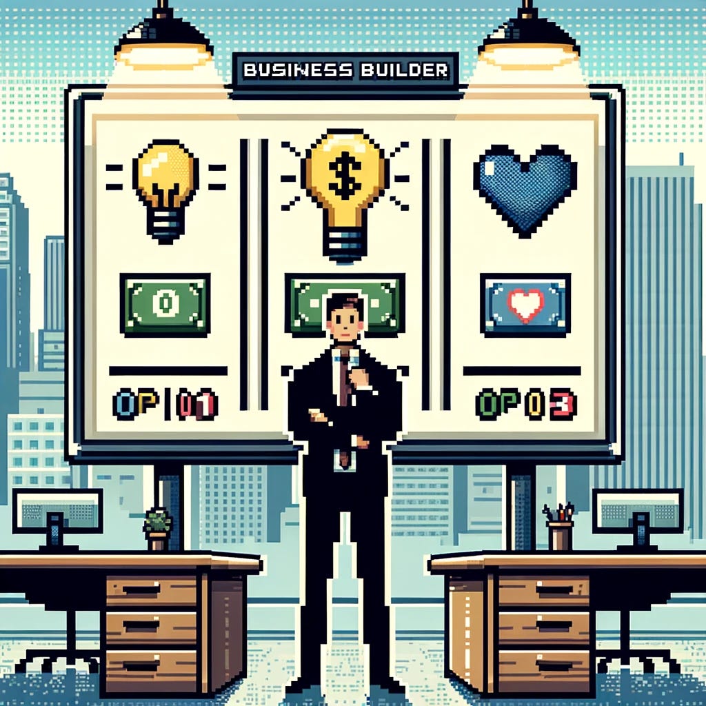 Create a pixellated image depicting a business builder, characterized by a pixel art figure wearing a formal outfit with a tie, standing in a contemplative pose in front of a large decision board. The board has three distinct sections, each representing a different business option, marked as Option 1, Option 2, and Option 3. The options are symbolized by different icons: a lightbulb for innovation, a dollar sign for financial growth, and a heart for customer satisfaction. The background should be styled like an office environment, complete with a desk and a window showing a city skyline.