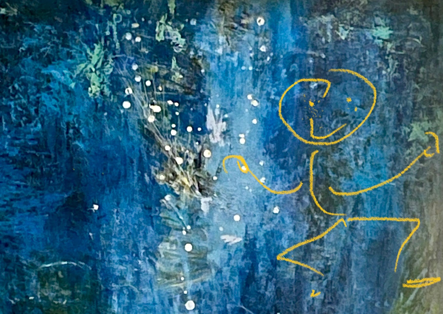 Whimsical yellow stick figure representing M.A. Hastings dancing in the midst of a galaxy of white stars against a deep blue and turquoise sky.  Her legs are bowed outward and bent at the knees. Both arms are extended out from her curved torso and slightly bent in an upwards dance move.  The broad grin on her face reflects joy as she dances among the stars.