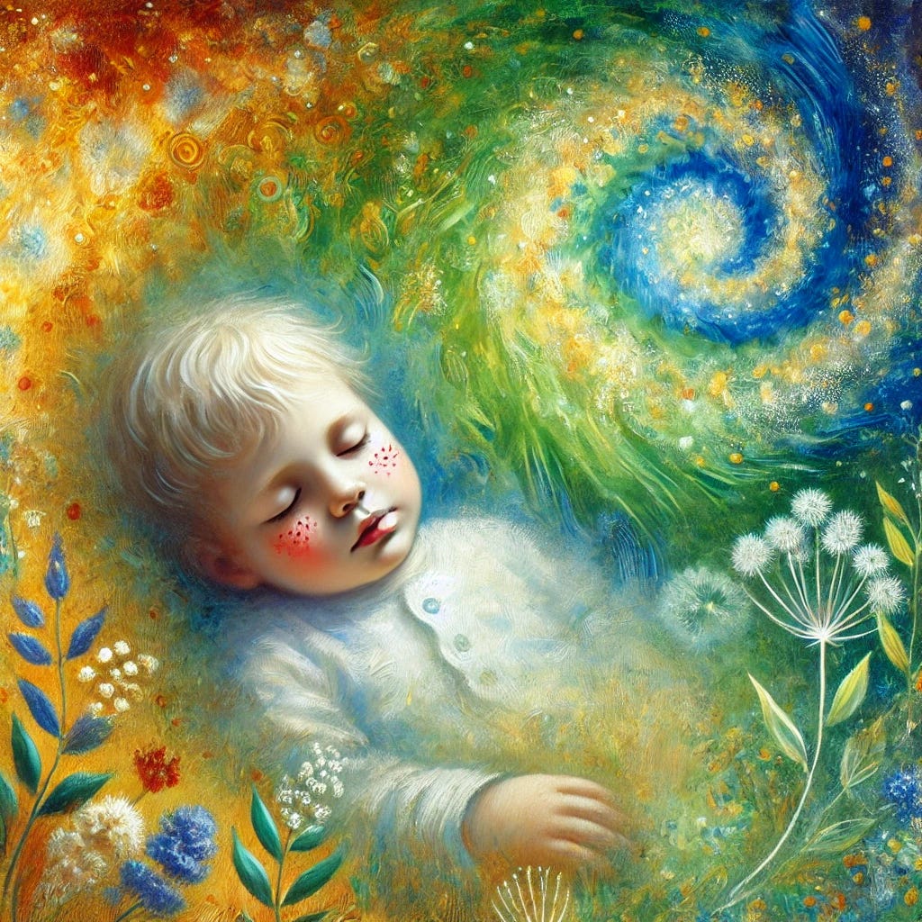 An oil painting of a peaceful child resting, with gentle red spots on the skin representing healing, surrounded by warm, glowing colors that symbolize a natural detoxification process. The background includes swirling, vibrant greens, blues, and golden tones, creating a calm and nurturing environment. Soft, expressive brushstrokes convey a serene, supportive atmosphere that emphasizes the body’s natural process of renewal and restoration.