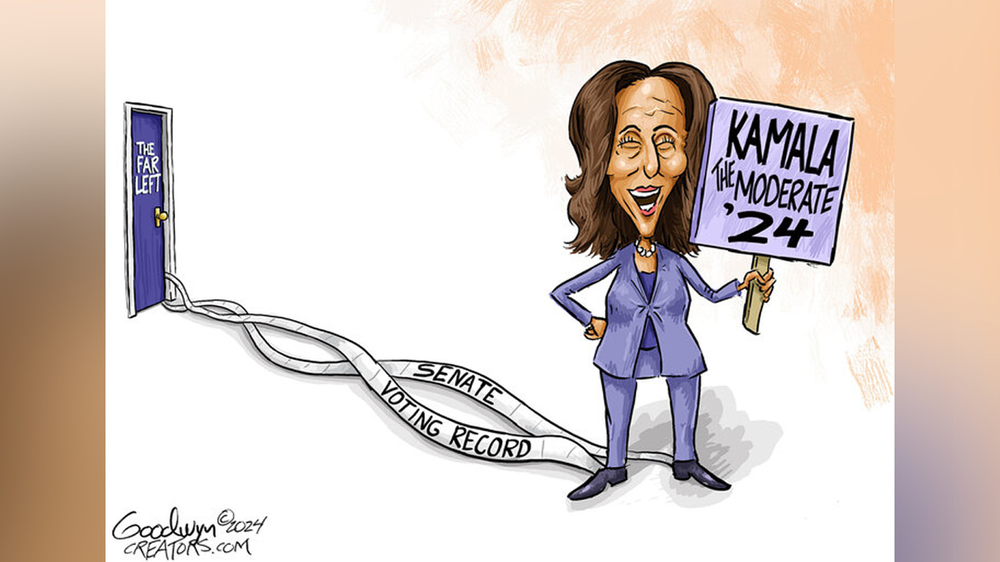 A political cartoon showing Kamala Harris holding a sign that reads 'Kamala the Moderate '24.' Behind her, a long Senate voting record trails from her back, leading through a door labeled 'The Far Left.' The cartoon humorously suggests a contrast between her claim of being a moderate and her voting record.