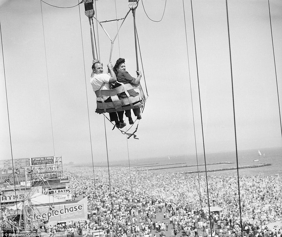 22 Jun 1947 --  A couple on the parachute ride at Coney Island
