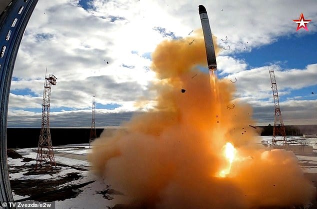 Russia launches a Sarmat intercontinental ballistic missile at the Plesetsk Cosmodrome
