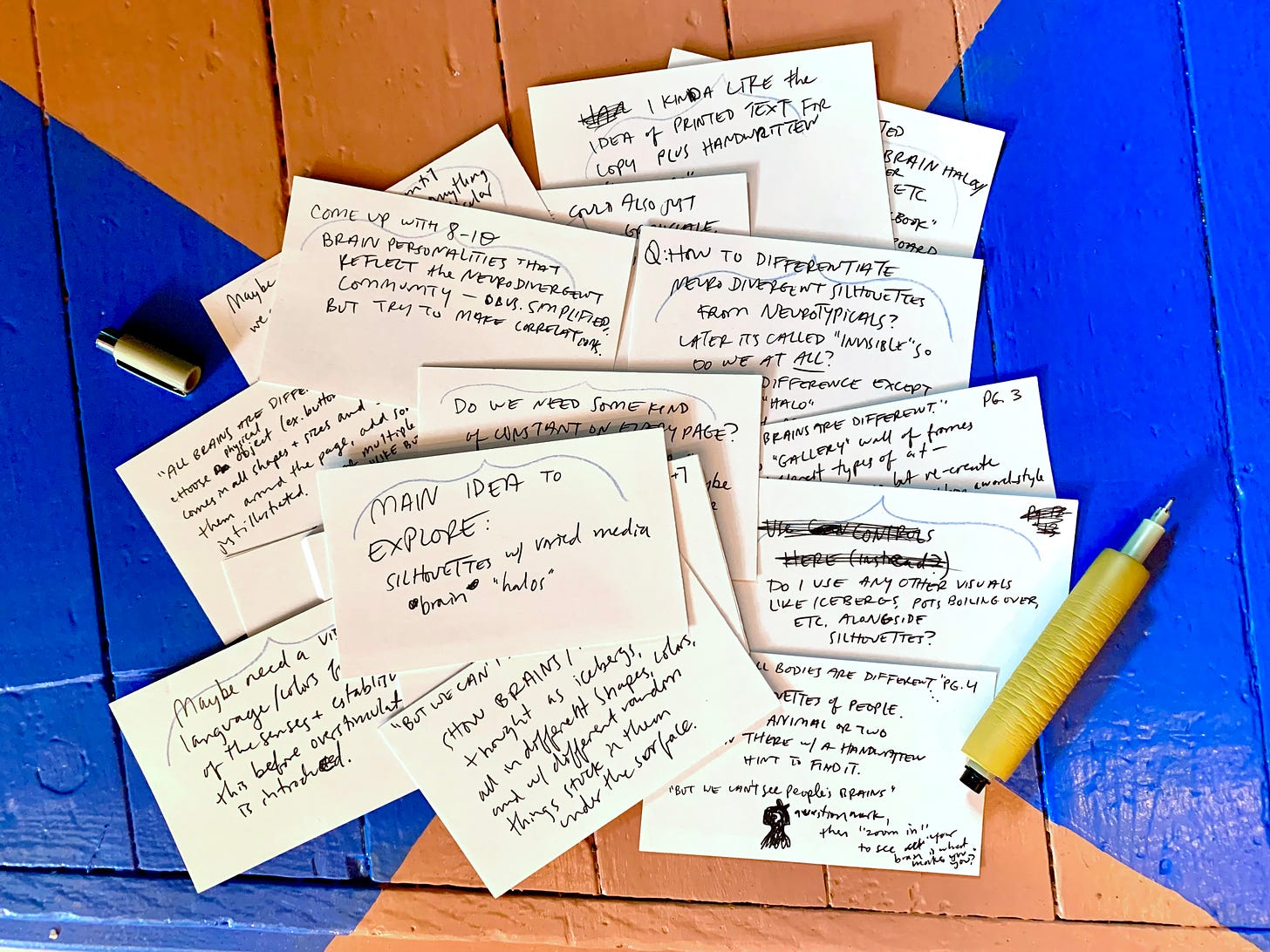 A photograph of Gracie's pile of 3x5 index cards, scribbled with ideas and sketches