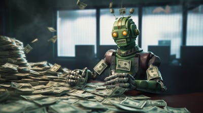 A robot counts money in a bank office.