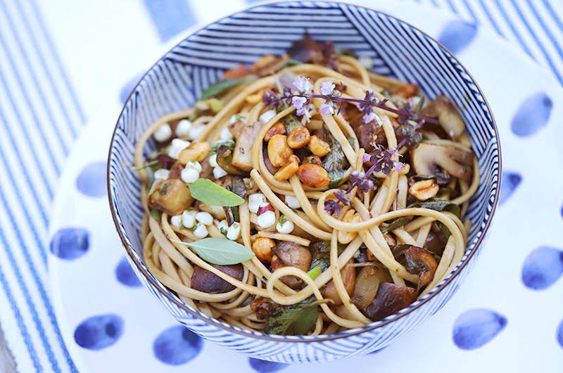 Stir-Fried Eggplant, Corn, and Peanuts with Noodles and Soy-Ginger Sauce; Cook the Vineyard