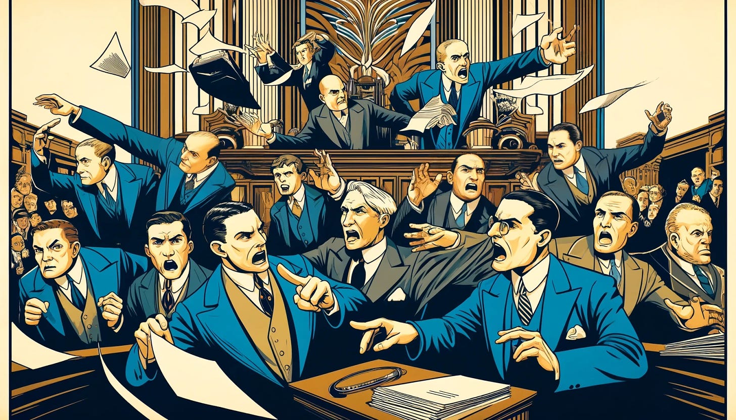 A cartoon image in an Art Deco style, depicting lawyers in the 1930s furiously presenting motions to delay a trial. The lawyers are more varied in appearance, with different genders and ethnicities, all dressed in period-appropriate suits with exaggerated expressions of determination and urgency. The scene is set in a grand, ornate courtroom typical of the era, with Art Deco architectural details like geometric patterns and bold lines. The composition emphasizes blue and red hues, capturing the bustling energy and drama of the moment, with motion lines emphasizing the lawyers' gestures and paperwork flying around. Fix the faces of three of the lawyers to have more natural and expressive features.
