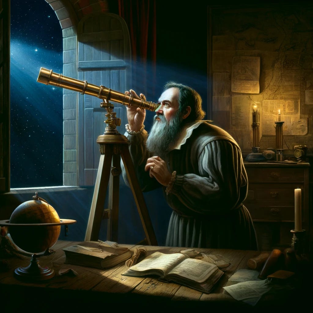 Galileo Galilei in a dimly lit 17th-century room, using his telescope. He is depicted peering through the telescope, which is pointed out of an open window towards the night sky. His expression shows fascination and discovery as he observes celestial bodies. The room is filled with books, maps of the stars, a globe, scattered notes, and astronomical instruments, highlighting his contributions to science. The atmosphere conveys a sense of curiosity and the pursuit of knowledge, typical of the era.