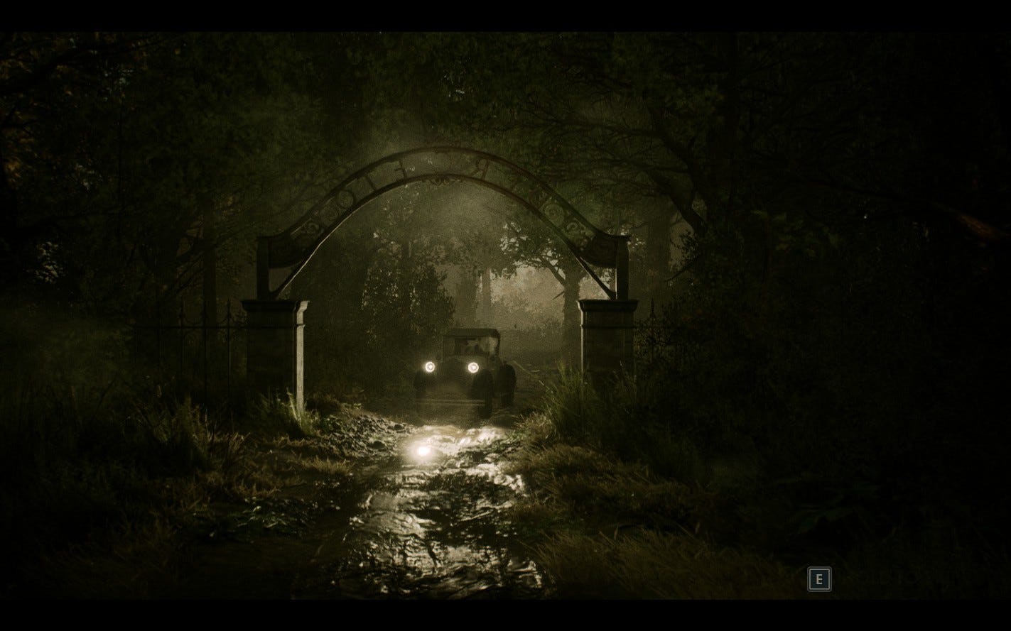 A screenshot of the game Alone in the Dark (2024 reboot) showing an old car crossing the arched driveway at night. The word 'Derceto' is on the arch, seen backwards.