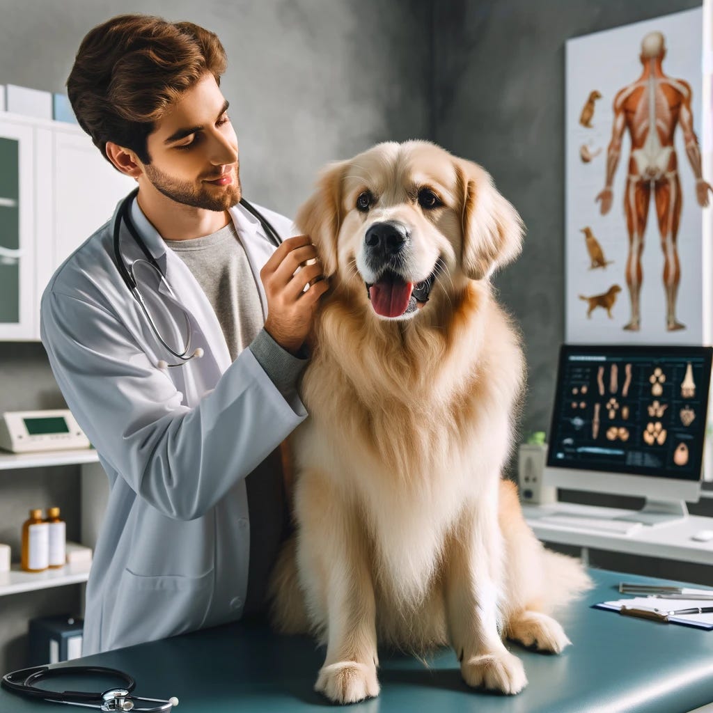 A heartwarming scene of a dog at a vet clinic. The dog, a medium-sized, fluffy golden retriever, looks calm and content. It's sitting on the examination table, being checked by a friendly veterinarian. The vet, wearing a white coat and stethoscope, is gently examining the dog's ear. The clinic is modern and clean, with medical equipment visible in the background, including a computer, examination tools, and a poster of a dog anatomy chart on the wall. The atmosphere is comforting and professional, embodying a sense of care and expertise.