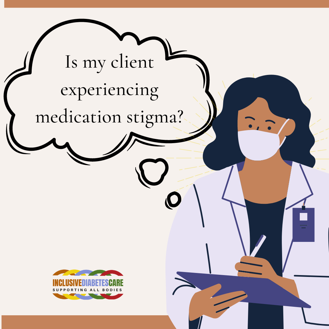 Black healthcare professionals with black hair and a mask with the words Is my clients experiencing medication stigma?