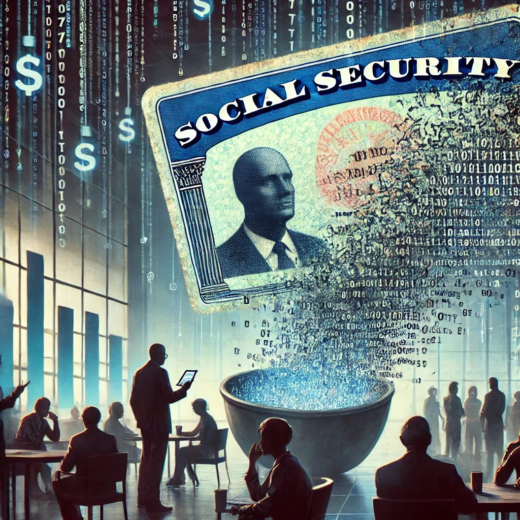 A dramatic digital illustration of a crumbling Social Security card dissolving into binary code, symbolizing misinformation and data errors. In the background, a shadowy figure resembling a tech mogul tweets on a giant screen, while confused citizens stare at misleading financial graphs. The atmosphere is tense, with a mix of digital glitch effects and government office aesthetics. No text or words in the image.