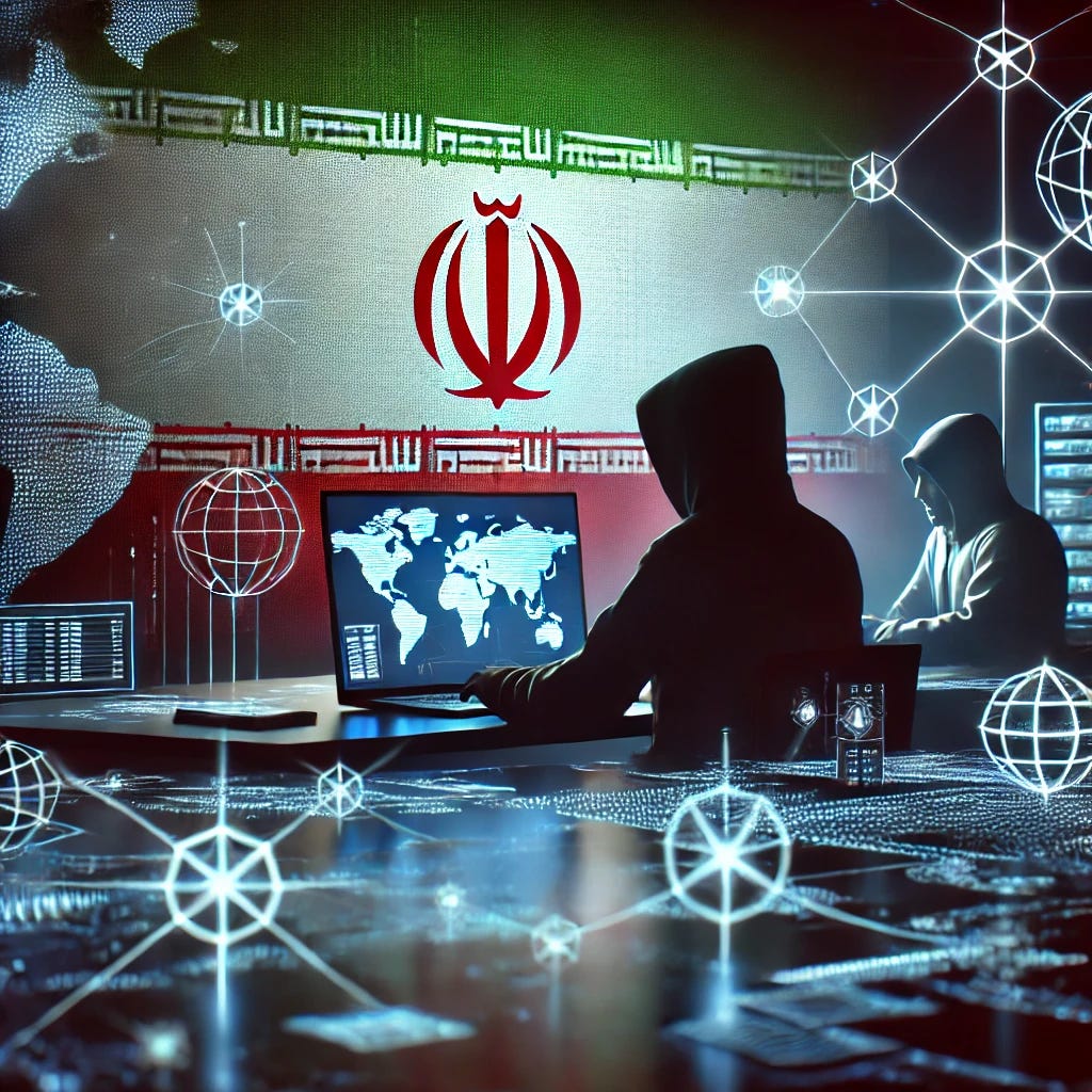 A 3D-rendered image of an advanced cyber operation with Iranian themes, displaying an Iranian flag motif in the background subtly overlaid with cyber symbols and digital networks. In the foreground, include a shadowy figure at a computer screen, highlighting an intricate, global cyber surveillance network. The scene should have a dark, atmospheric lighting with neon accents, creating an immersive, high-tech espionage vibe.