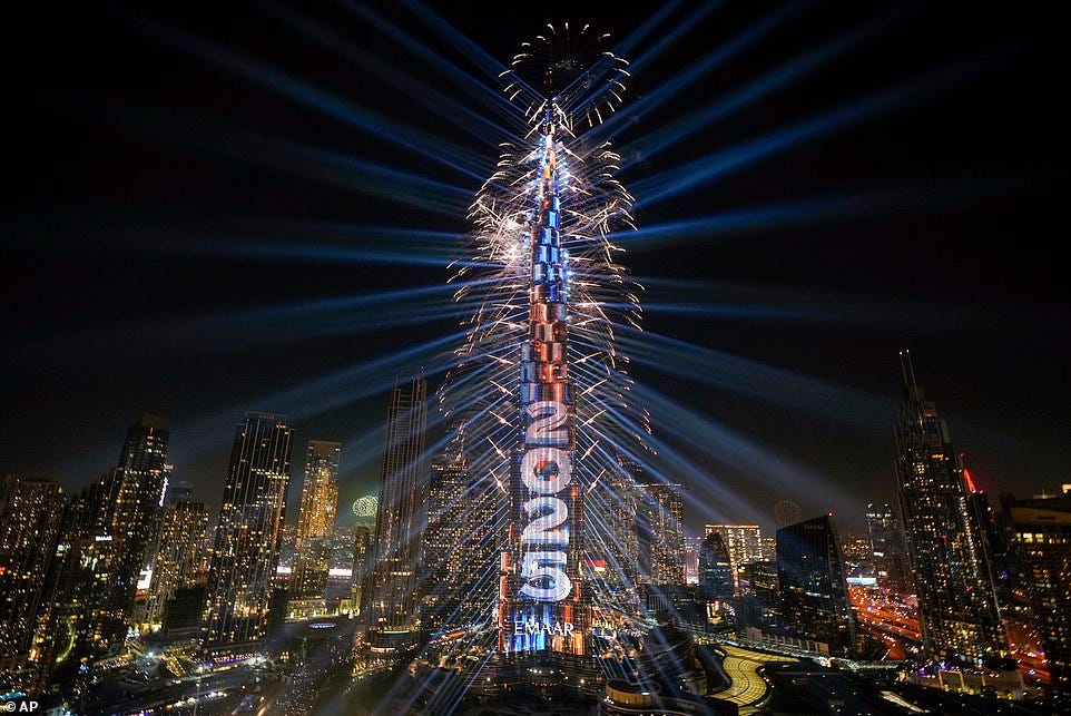 DUBAI: A light show is presented at the Burj Khalifa, the world's tallest building, along with fireworks at a New Year's Eve celebration in Dubai on December 31, 2024