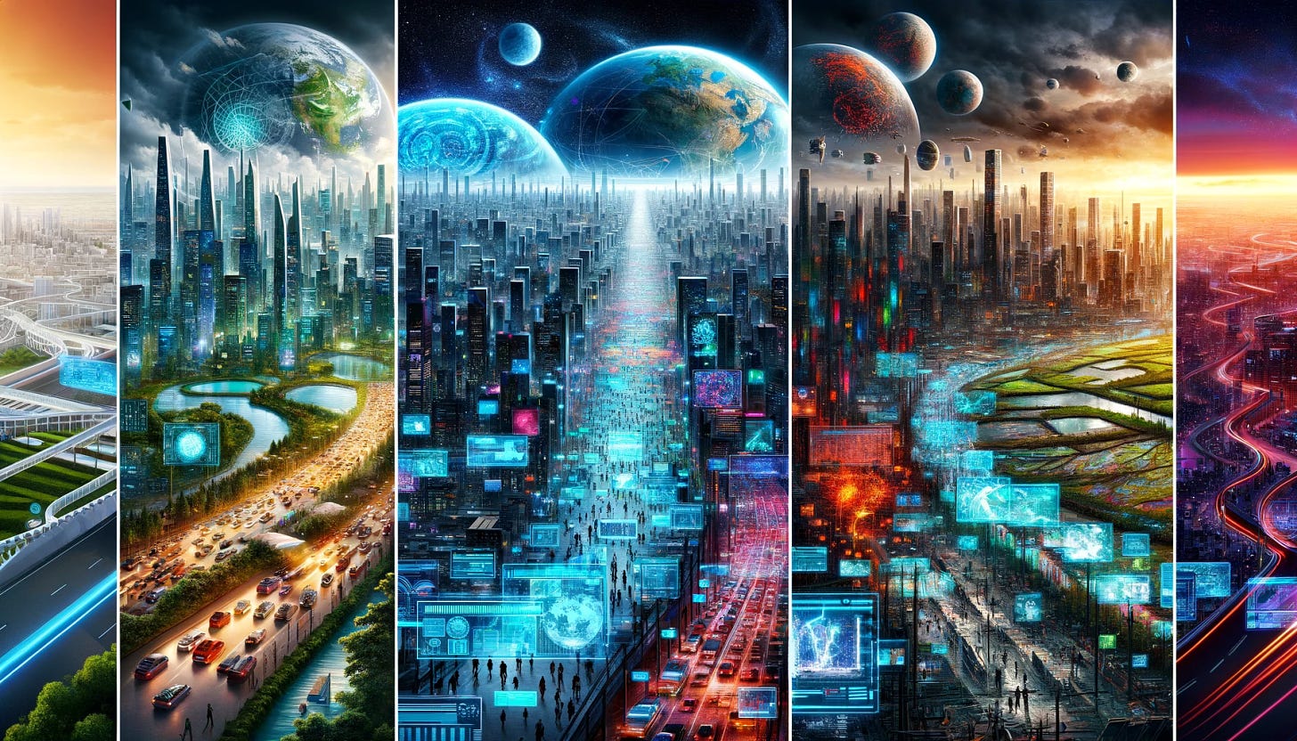 A panoramic view of four distinct futuristic landscapes side by side, each representing a different scenario of alternative futures. From left to right: 1. A serene, well-organized city with advanced, sustainable technology and harmonious international flags representing global cooperation. 2. A dense urban environment with chaotic traffic and fragmented digital screens showing conflicting information, symbolizing a lawfare zone. 3. A dark, dystopian cityscape with visible cyber attacks in the form of glowing red data streams, illustrating the 'Cult of the offensive'. 4. A diverse mixture of rural and urban settings with visible digital barriers and checkpoints, showing a world of agreed competition with individual states setting their own rules. Each landscape is distinct yet transitions smoothly into the next, showing the spectrum of possible futures.