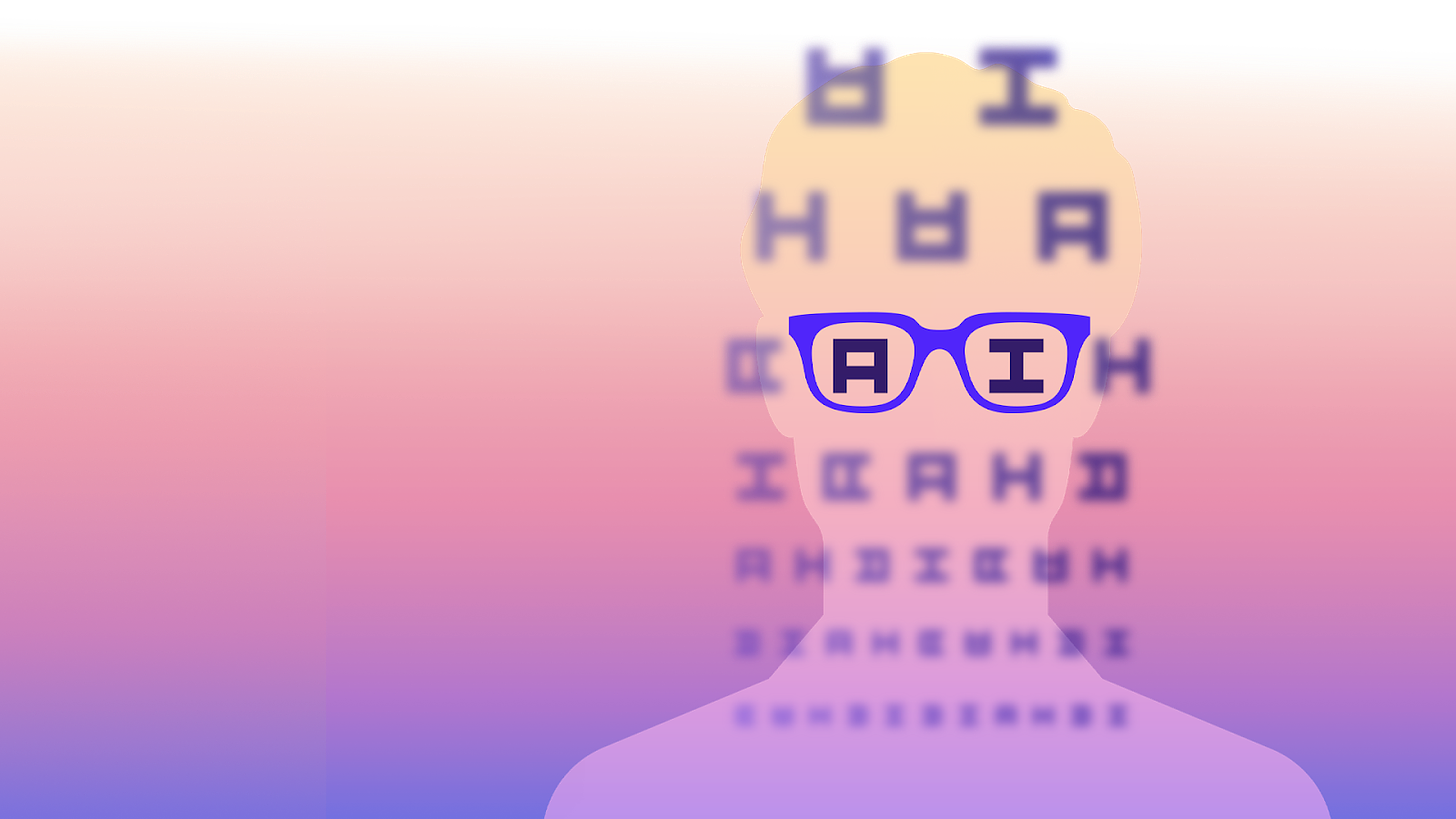 A colorful illustration of what looks like an eye-doctor chart, with a silhouette of a person wearing glasses incorporated into it. The letters, which are all “A” and “I” are blurry, except for the letters within the person’s glasses—A I—which are in focus.