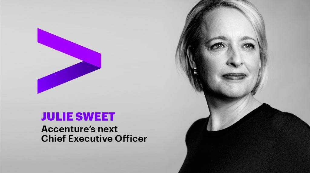 Accenture on Twitter: "Accenture is thrilled to announce Julie Sweet as our  next chief executive officer, effective September 1, 2019. Julie, along  with our incredibly talented people around the world, will lead