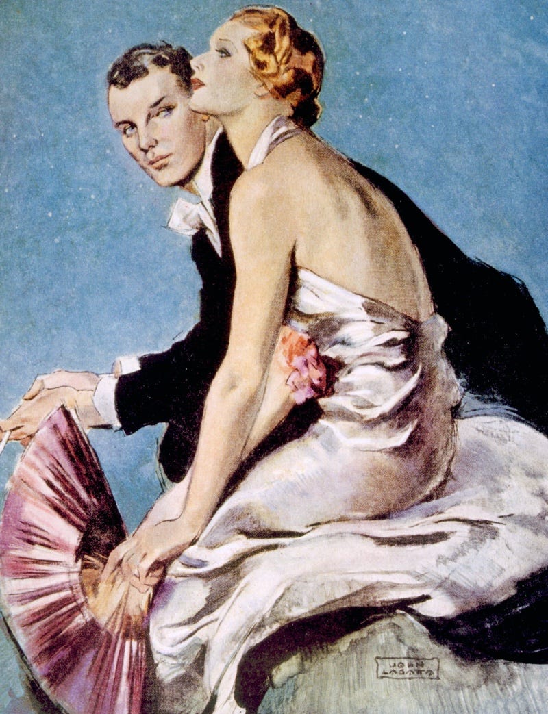 An illustration features a model wearing a draped evening dress, a popular look for the 1930s. Photo: Shutterstock.com