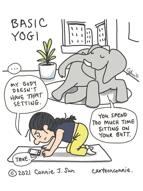 Basic Yogi Sketchbook cartoon about trying to do yoga at home while out of shape, elephant comic strip, illustration by Connie Sun, cartoonconnie