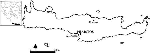 Map of Crete showing Phaistos, Knossos and Aiya Triadha.
(Source: Mentesana et al, 2015:490)
