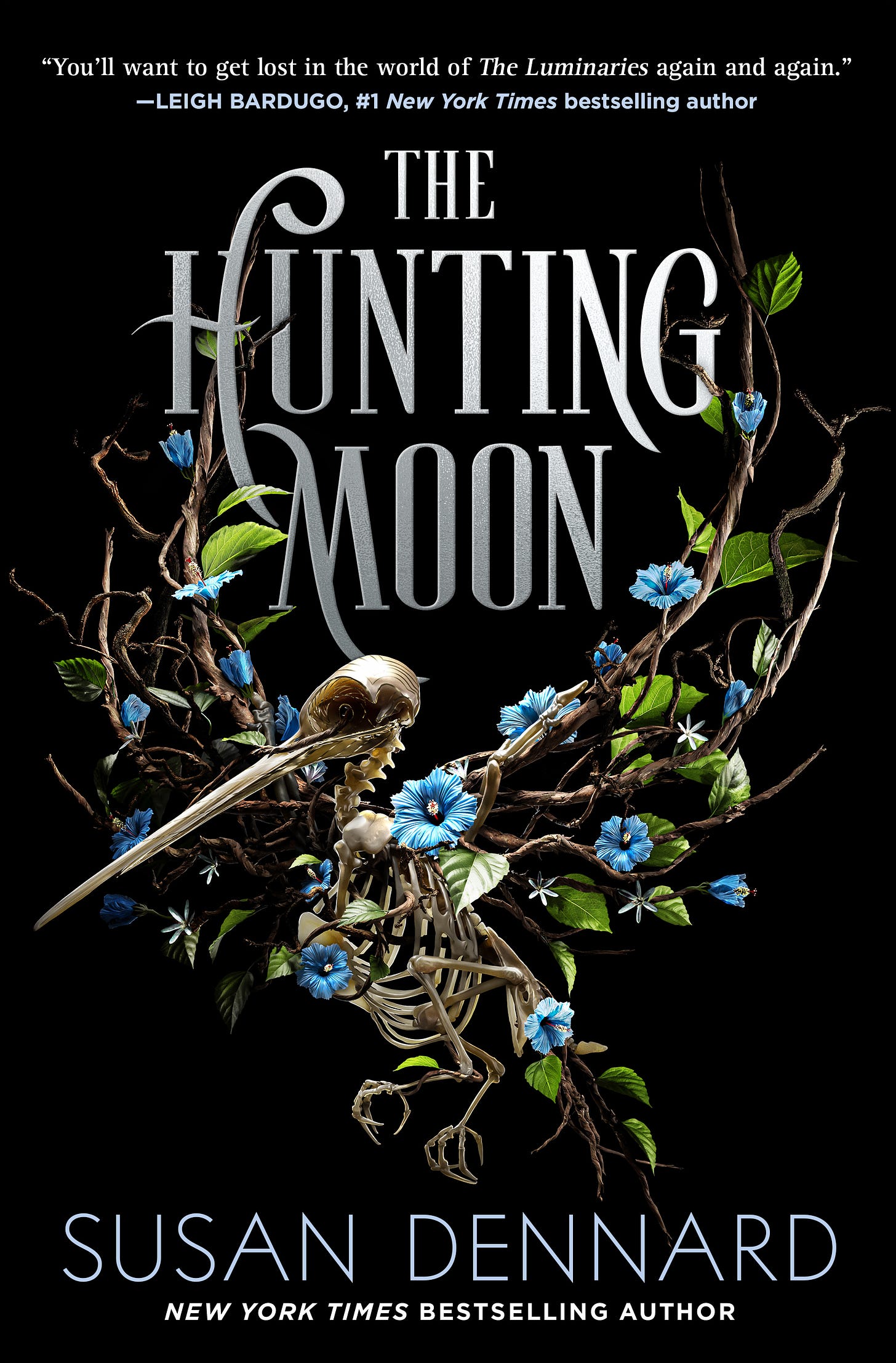 Cover of the Hunting Moon with a hummingbird skeleton and blue flowers