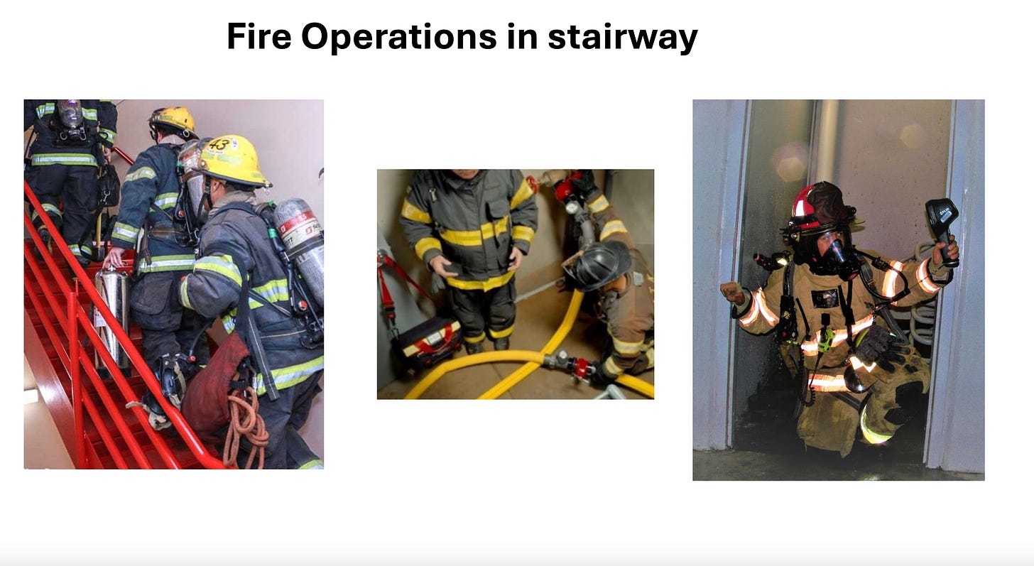 Three photos of fire fighters in a stairwell. It is crowded as they carry their gear up the stairs. 