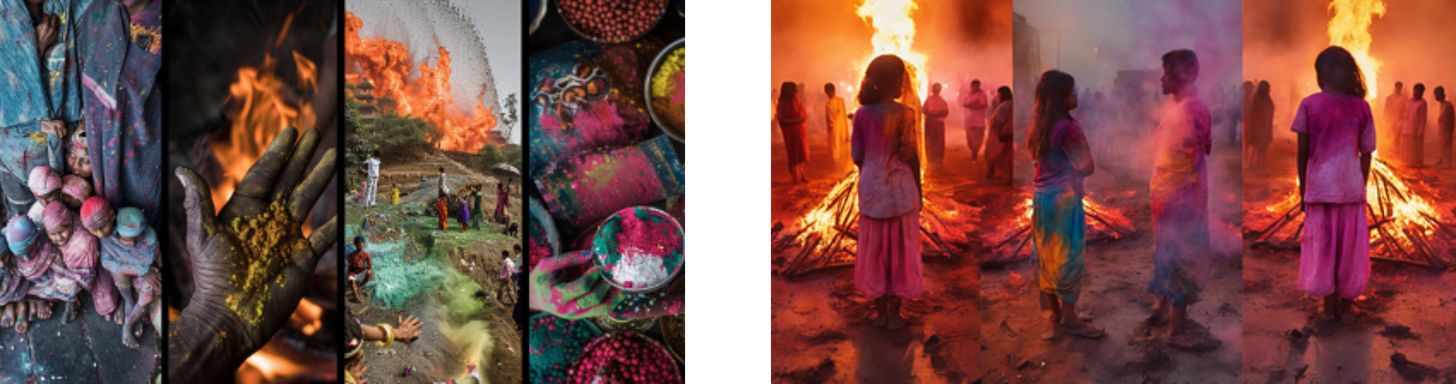 On the far left, there's an overhead view of a person covered in a vibrant array of powdered colors, indicative of the Holi festival. Next to it, there is a close-up of a hand smeared with yellow powder over an open flame, symbolizing the warmth and traditions of the festival.  The third image from the left shows children playing with colors outdoors, throwing powders into the air, creating a dynamic and playful atmosphere.  The far right image captures people gathered around a bonfire during twilight or evening hours, basking in the glow and warmth of the fire amidst a haze of colored powders in the air, reflecting the cultural and ritualistic significance of fire in festivals.