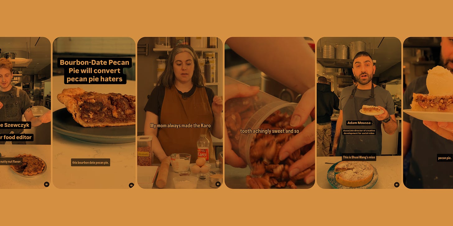 a row of images feature screenshots of reels: in one, a still of a pecan pie with the text "bourbon-date pecan pie will convert pecan pie haters), in another Claire Saffitz with dough and a rolling pin and the subcaption (My mom always made the Karo"