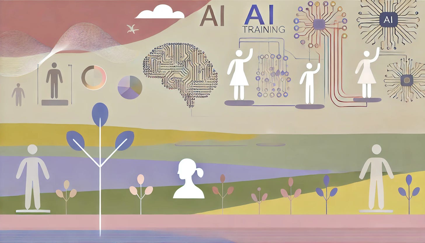 A minimal landscape graphic depicting an abstract representation of AI systems being trained. Show diverse human figures and digital elements like data streams and neural network patterns in a harmonious balance, representing the concept of fair and unbiased AI training. Use subtle, neutral colors to create a balanced and inclusive atmosphere.