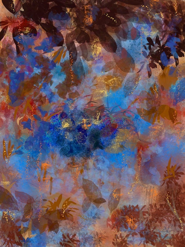 Abstract painting by Sherry Killam Arts suggesting autumn leaves turning brown and gold agaist a deep blue sky.