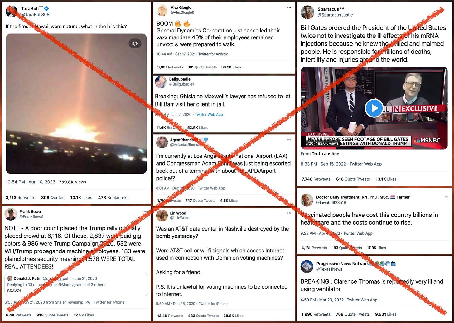 collage of false X/Twitter posts that went viral