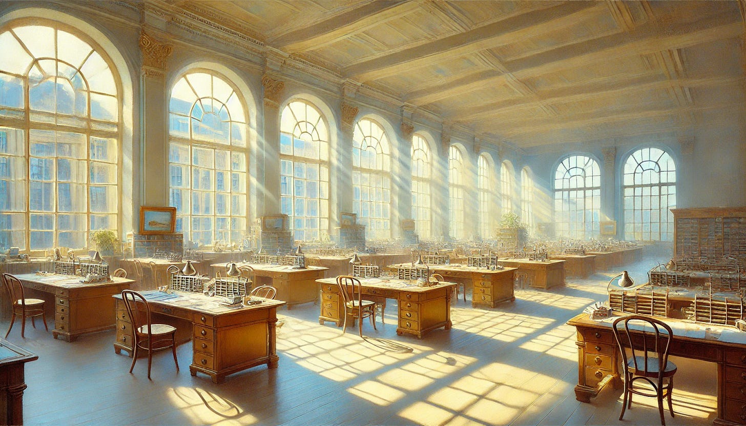 An impressionistic oil painting of a large, empty work office filled with multiple desks arranged neatly in rows. The office is bathed in soft, dappled light streaming through expansive windows, revealing a serene view of old European buildings outside. The desks are simple, adorned with a few papers and office supplies. The atmosphere is tranquil, enhanced by a gentle and pastel-like color palette of soft yellows, light blues, and creamy whites. The scene captures the essence of a peaceful, sunny day with brushstrokes reminiscent of Fritz Syberg's style, emphasizing light and calmness. Wide aspect.