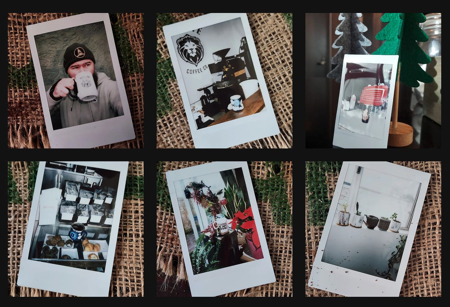 A gridded collage of photos displaying instant photos of coffee mugs and coffee drinking.