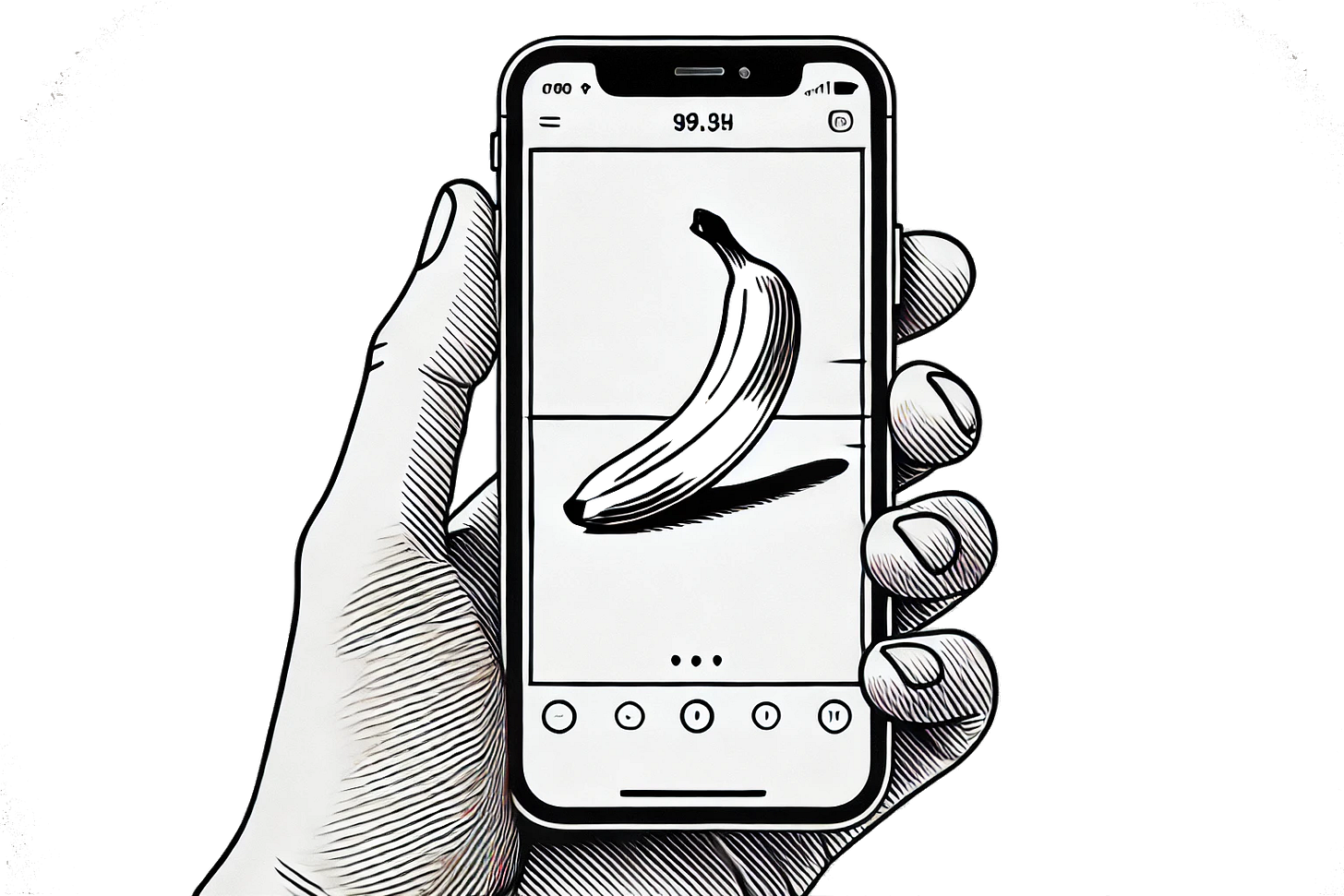 Velá ruka drží dotykový telefon, na jeho displeji je zobrazený banán. (Generovaná ilustrace)