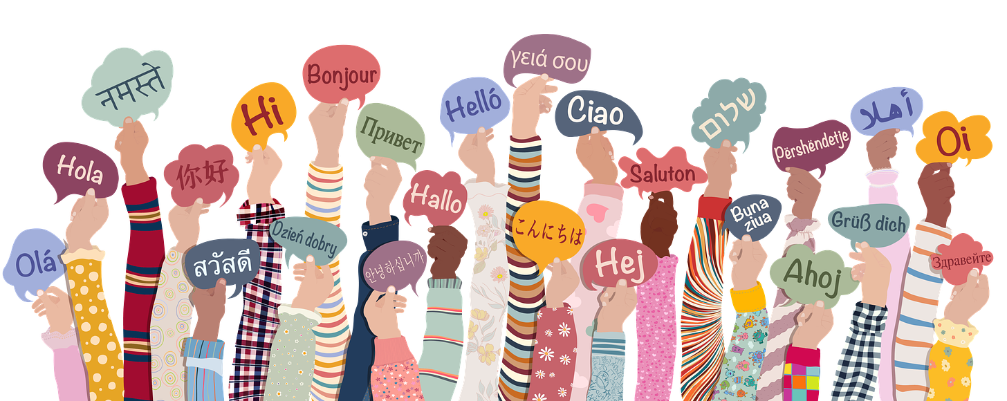 illustration of many colorful arms holding signs saying hello in many languages.