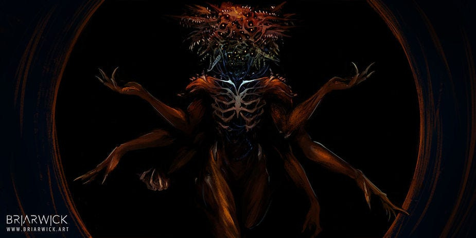 A monstrosity of eyes, mouths, claws and terror, hunting space. A monstrosity of eyes, mouths, claws and terror, hunting space.