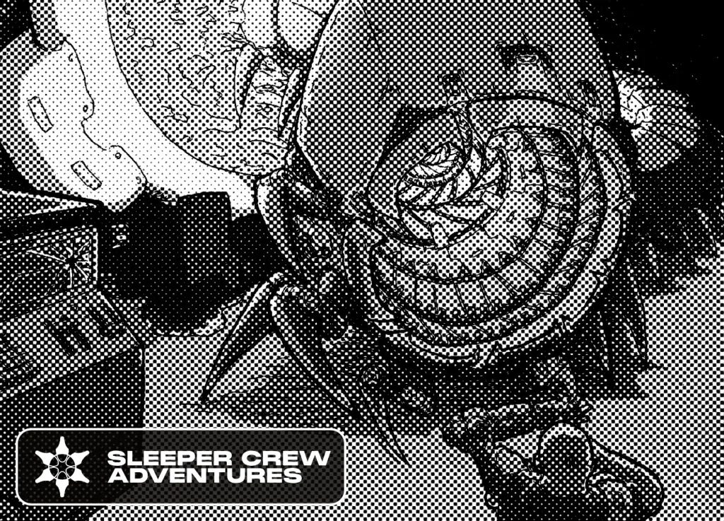 A giant robo-centipede is about to fuck up a dude. Sleeper Crew Adventures logo in the corner.