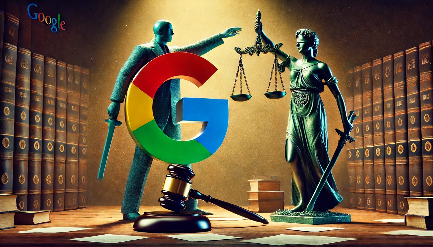 A symbolic and artistic representation of the legal battle between Google and the U.S. Department of Justice (DOJ). Depict a courtroom scene with Google's logo personified as a tech giant standing on one side, facing off against a powerful figure representing the DOJ holding a scale of justice. The setting should be dramatic, with a gavel in the foreground and legal documents scattered around. Use a mix of corporate and legal aesthetics, with bold colors like Google's signature palette contrasting with the DOJ's formal dark tones.