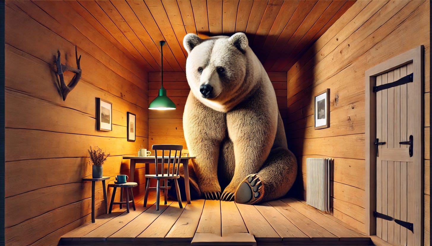 A huge bear sitting in a small room with its head bumping against the low ceiling. The room is cramped, with minimal furniture, such as a small table and chair, emphasizing the bear's enormous size. The bear appears gentle and calm despite the tight space. The scene is cozy with warm lighting, wooden walls, and a rustic, cabin-like atmosphere. The perspective highlights the bear's large frame in contrast to the small room. Highly detailed, realistic style.