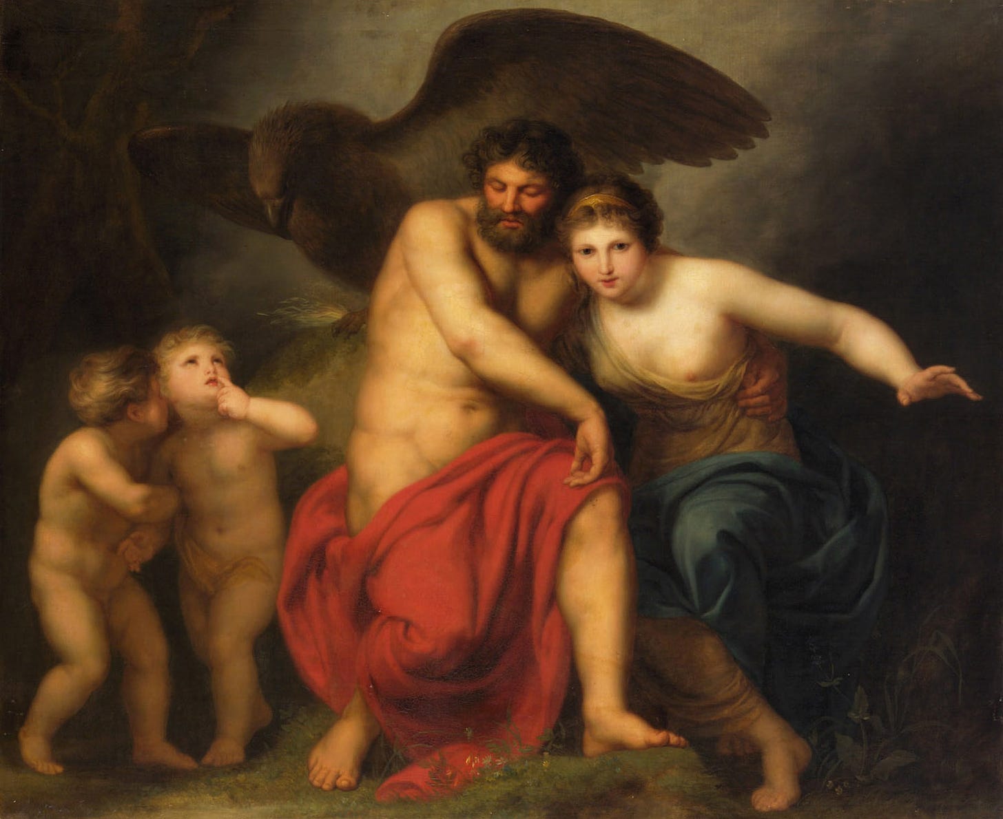 Color photograph of Oil painting with a semi clothed Zeus and hera and an eagle looming behind them