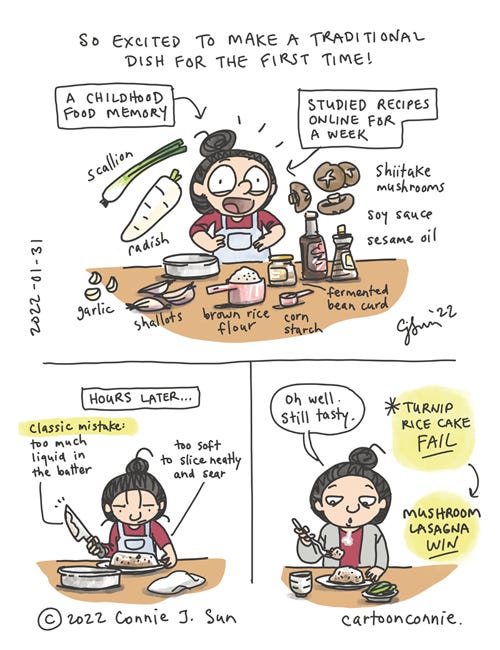 Turnip Cake Fail 3-panel autobio comic of a girl with a bun attempting to make a traditional dish from her childhood for the first time. Panel 1 is full of the ingredients that make up the dish, like daikon radish, rice flour, and shiitake mushroom. She's wearing an apron and is "so excited" to make the dish for the first time, which is a "childhood food memory." An arrow pointing at the girl indicates that she "studied recipes online for a week." In panel 2, it's "hours later" and she is holding a knife, looking at a flipped casserole. Caption reads, "Classic mistake: too much liquid in the batter" and that it's "too soft to slice neatly and sear." In panel 3, she's fixed herself a plate and sits down to partake: "Oh well. Still tasty." Text reads: "Turnip rice cake FAIL; mushroom lasagna WIN." Original diary comic strip by Connie Sun, cartoonconnie
